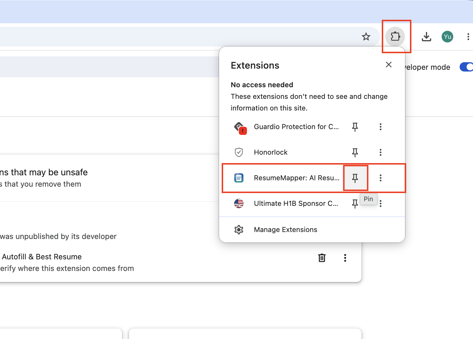 在 Chrome 扩展列表中找到 ResumeMapper 并固定到工具栏的截图