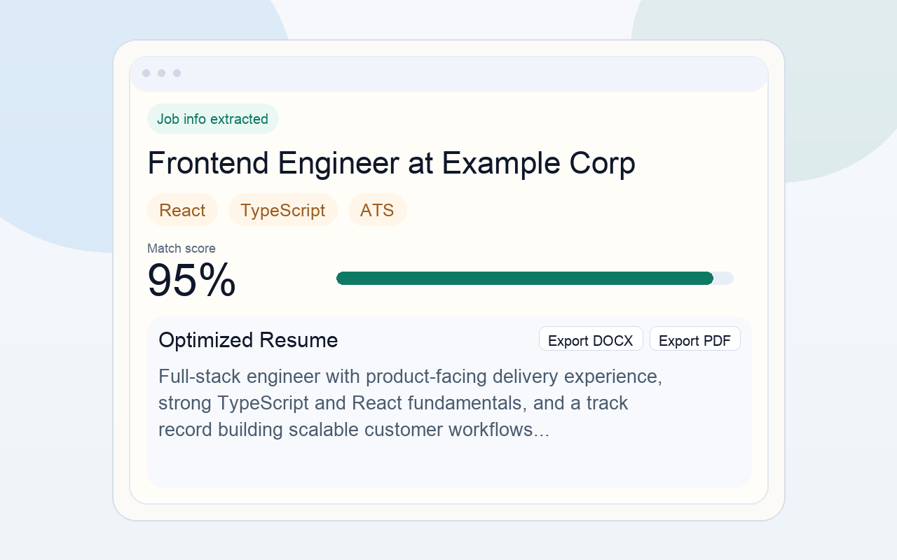 ResumeMapper showing a 95% keyword match between a resume and a Frontend Engineer job posting on LinkedIn